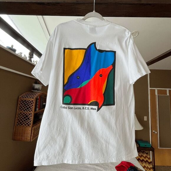 Vintage Cabo San Lucas Dolphin Graphic Tee Mexico Tourist Shirt Y2K Size L - Picture 1 of 11